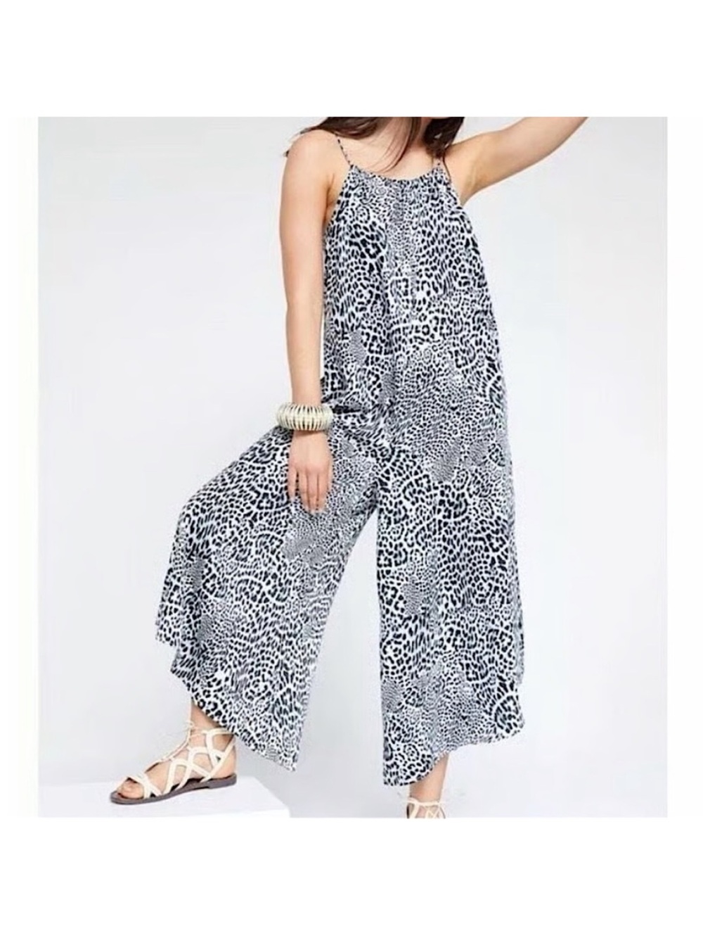 Anthropologie Breezy Wide-Leg Jumpsuit Black Motif Animal Print L Boho Leopard